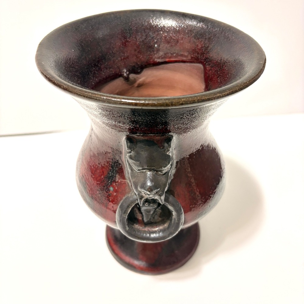 RARE Gargoyle Handle Urn Vase Oxblood Red Black Volcanic Glaze Terracotta 8.5" - Picture 15 of 16